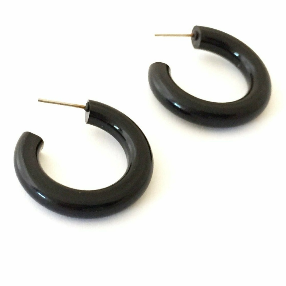 Black Shiny Vintage Lucite Tube Hoop Earrings